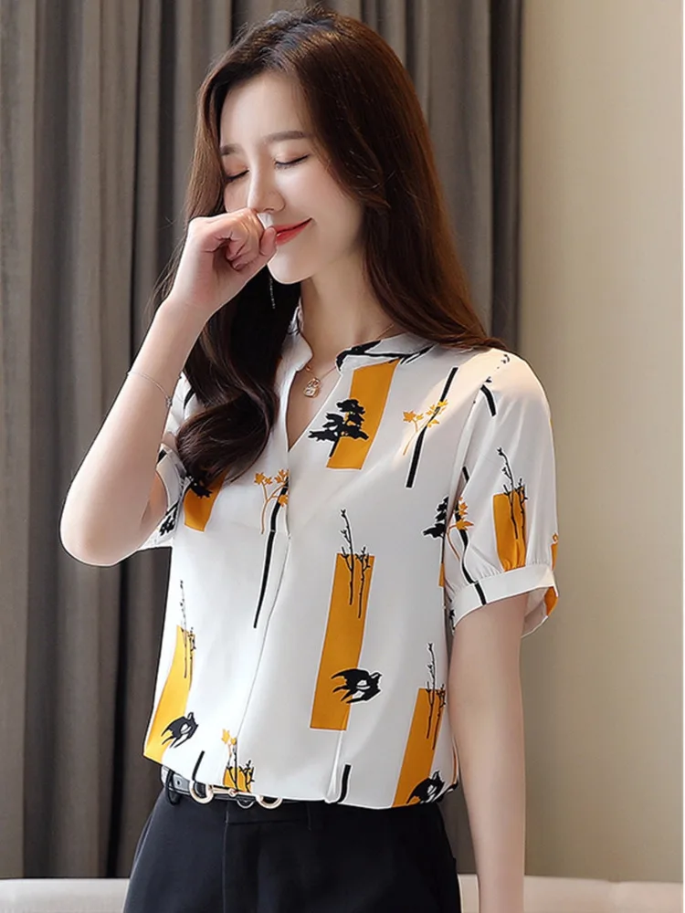 #3301 White Pink Printed Chiffon Blouse Women V-neck Vintage Office Short Sleeve Blouse Femme Loose Sexy France Style Summer