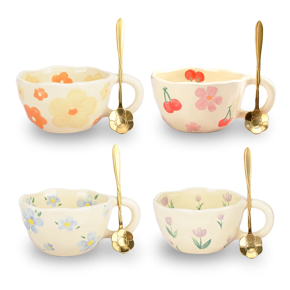 Tazas de cerámica para café, taza de té de leche de flores irregulares pellizadas a mano, taza de desayuno de avena de estilo coreano, vasos de cocina