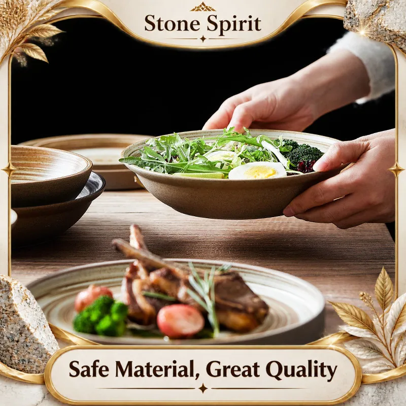 Japanese Style Ceramic Bowl Platter Creative Retro Coarse Pottery Eating Rice Bowl Plate Handmade Plate Home Steak Plate