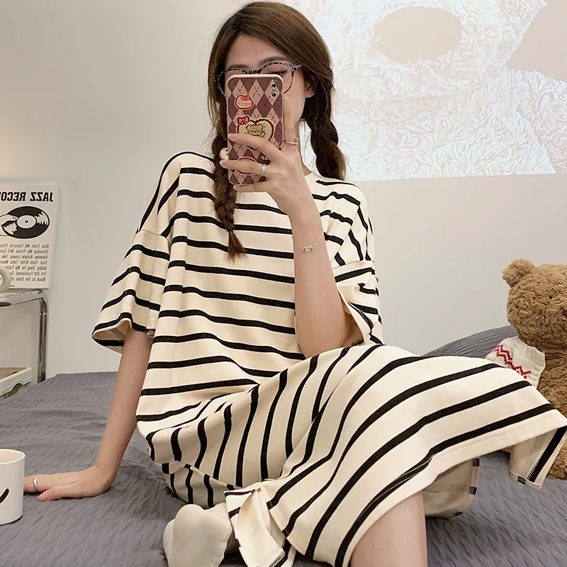 Striped Nightgowns Women Loose Side-Slit Summer American Style Half Sleeve Mid-calf Sleepwear Daily Leisure Simple Fashion Ins