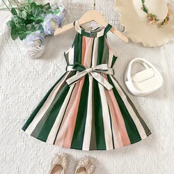 Summer New Arrivals Kids Girls Dress Green Stripes Fashion Casual Seaside Resort Sundresses 2-6 Years Old