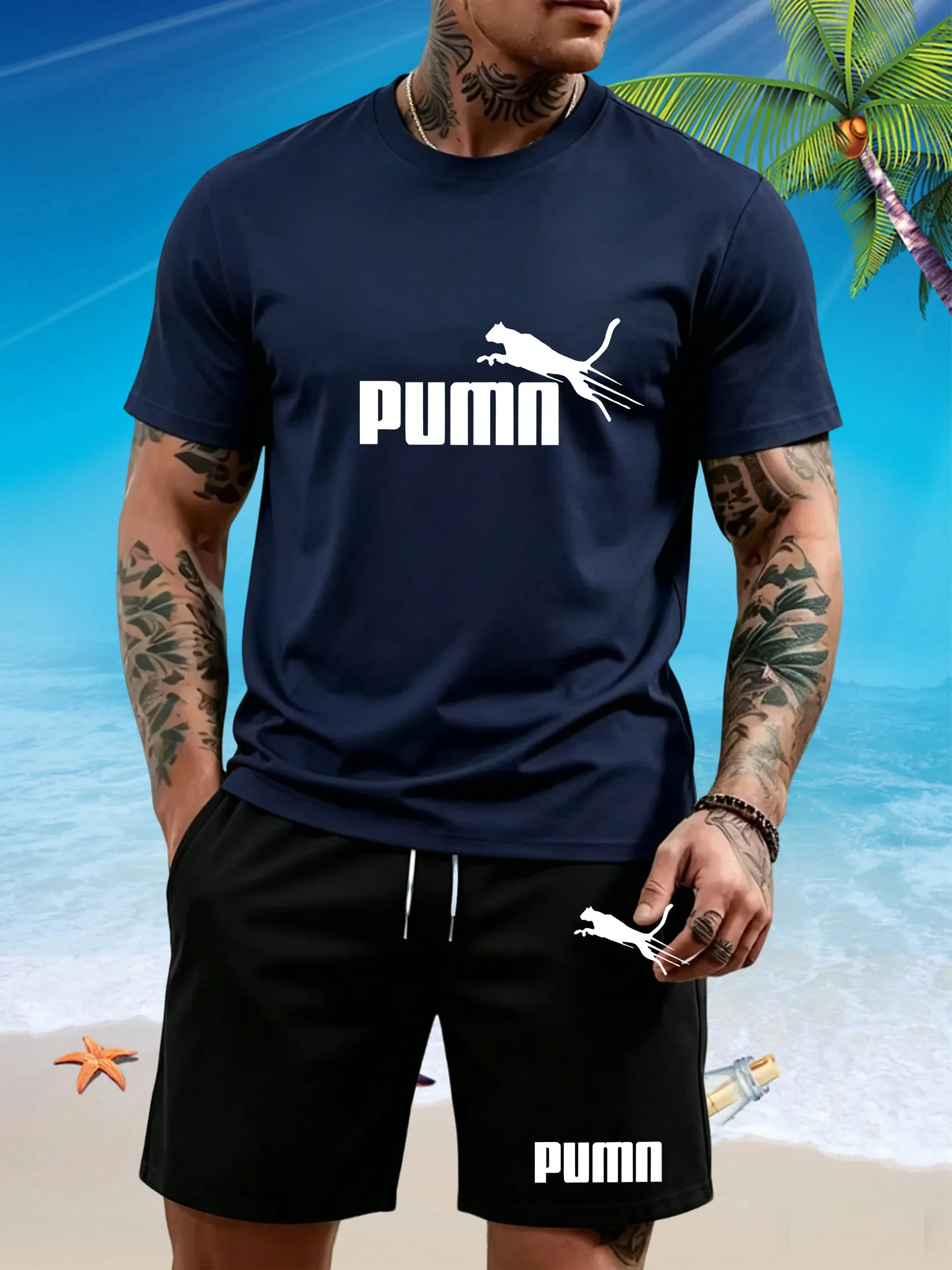 Men's quick-drying running T-shirt pants set, with a round neckline and elastic fabric. Suitable for both sports and casual wear view 5