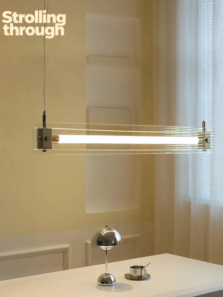 

Minimalist restaurant chandelier bar counter medieval Bauhaus dining table island table modern creative glass strip Mazar lamp
