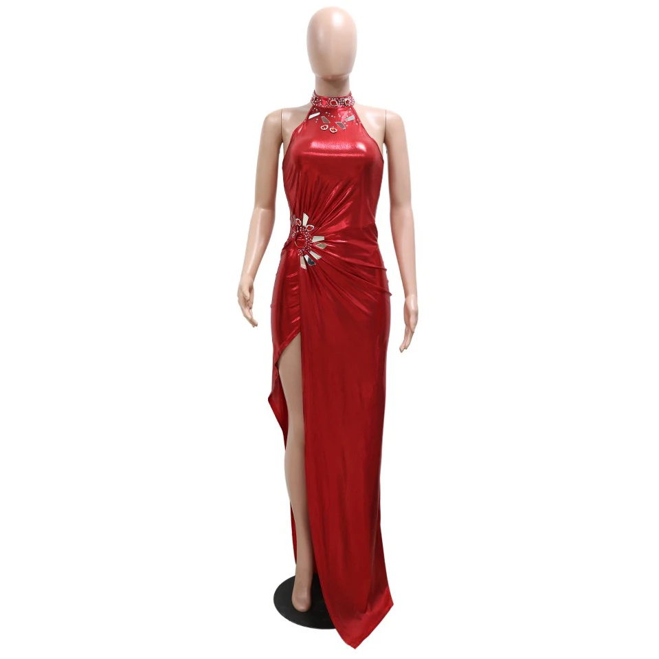 Sexy Dresses for Women O Neck Sleeveless Diamond Side Split Floor Length Elegant Ladies Birthday Party Dinner Night Gowns Cloth