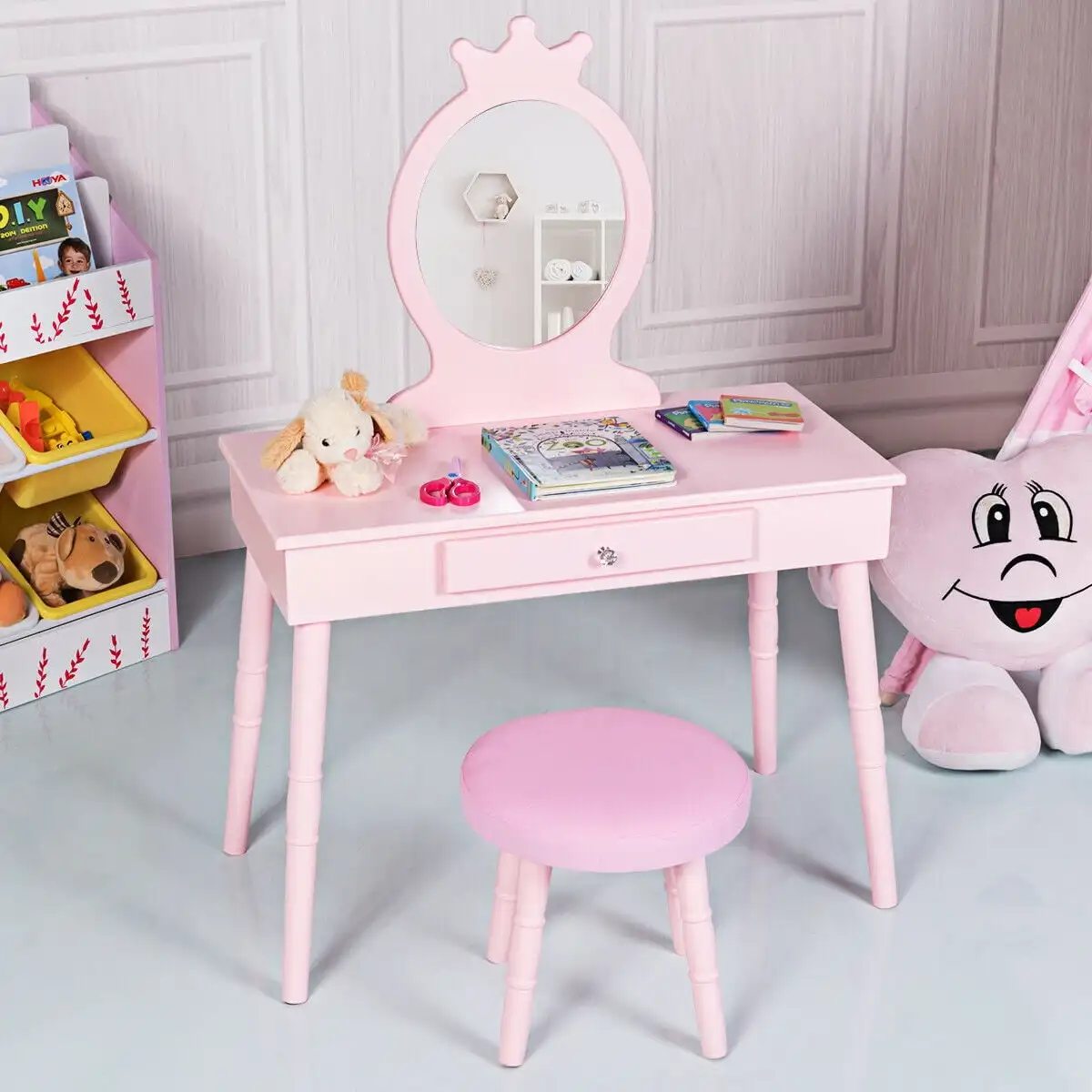 

Kids Vanity Makeup Table & Chair Set Make Up Stool Play Set for Children Pink