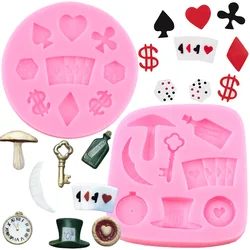 Poker Silicone Molds Alice Wonderland Hat Playing Cards Fondant Mold Baby Party Chocolate Cupcake Fondant Cake Decorating Tools