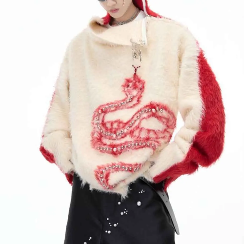 Mens Autumn Sweater Color-Blocked Snake-Themed Pearl Sweater Knitwear Streetwear Fashion Youth Versatile Top Men'S Clothing 2025