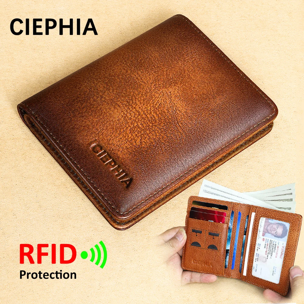 Cartera de cuero genuino con bloqueo RFID para hombre, billetera plegable corta delgada Vintage con ventana de identificación, tarjetero, bolsa de