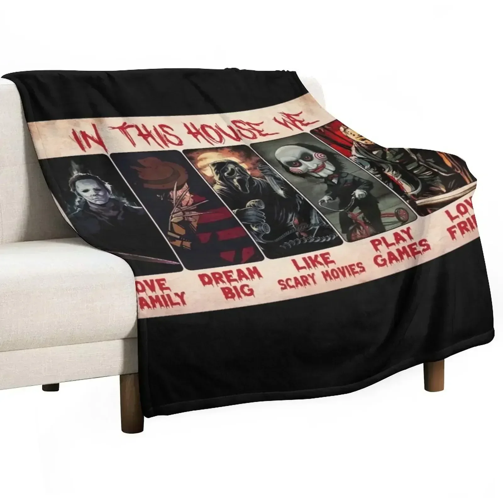 In This House We Love Family Halloween Poster - Horror Movies Halloween Poster - Scary Halloween Poster Throw Blanket