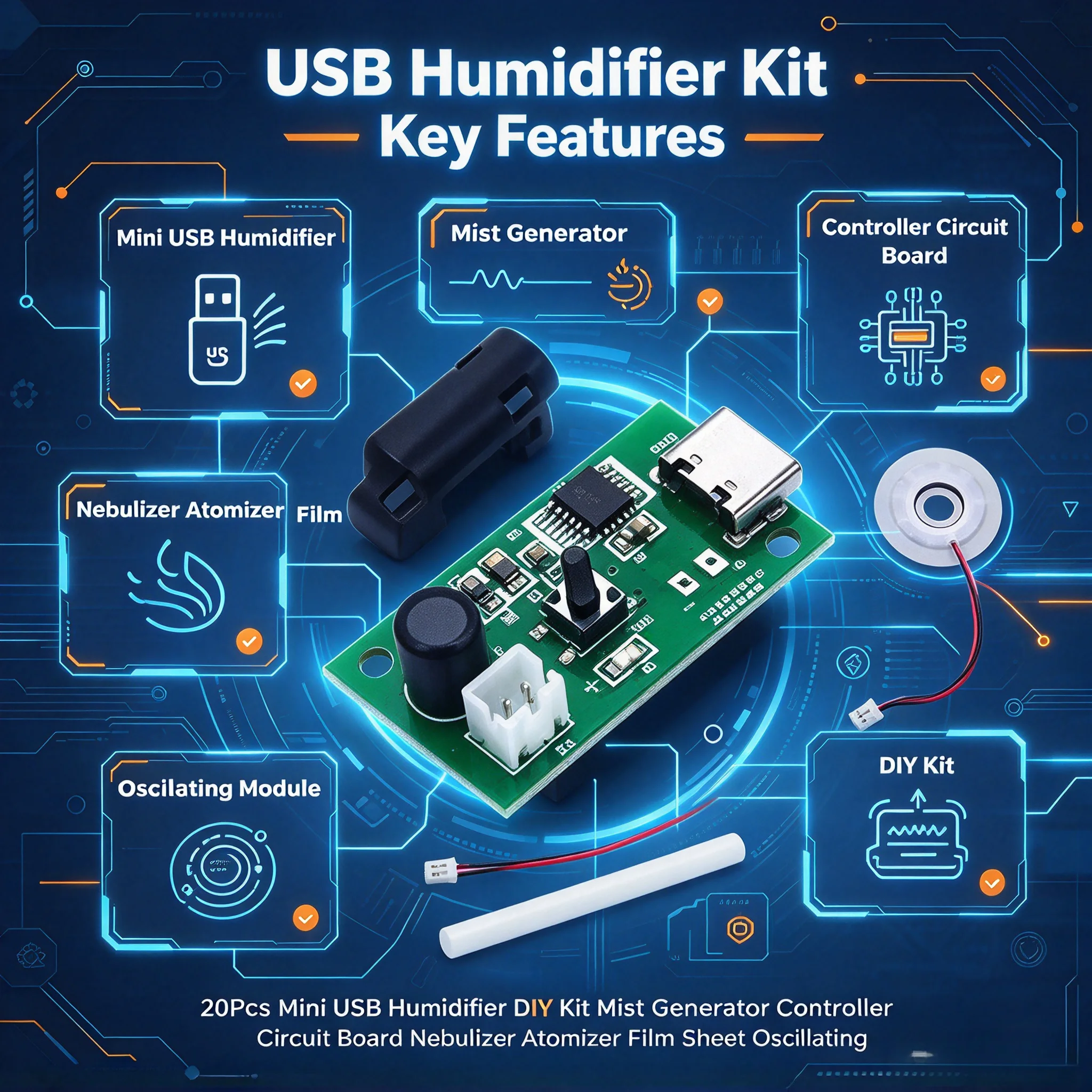 20Pcs Mini USB Humidifier DIY Kit Mist Generator Controller Circuit Board Nebulizer Atomizer Film Sheet Oscillating