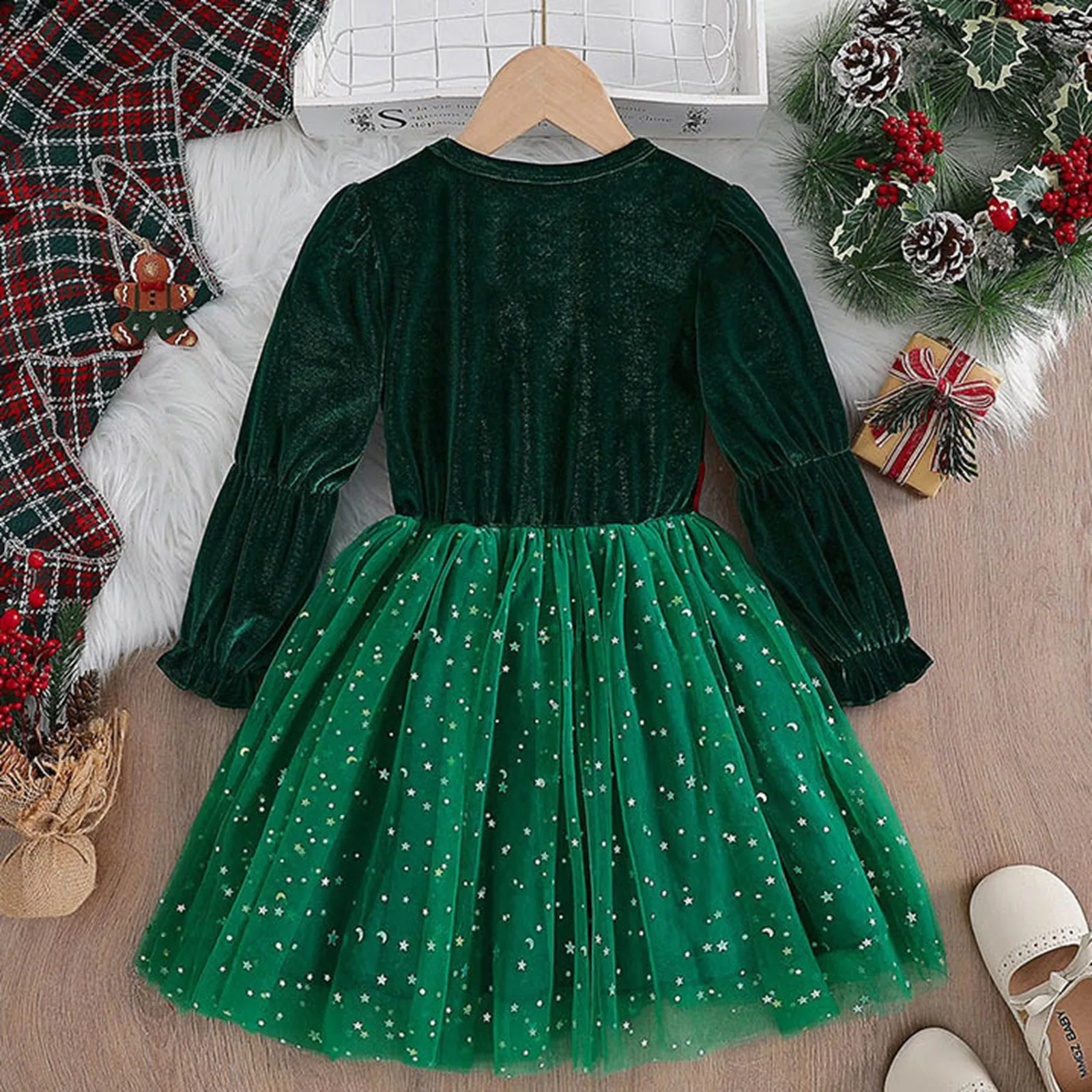 Robe de Noël à volants pailletés pour filles, robe de princesse, manches longues, vert, anniversaire, nouvel an, fête de Noël, enfants de 3 à 8 ans, hiver