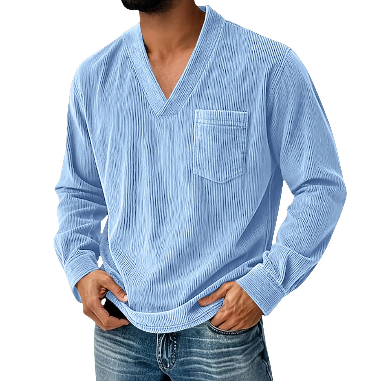 

Spring Autumn Men's Corduroy T-Shirts Solid Color V-Neck Long Sleeve Fashion Pullover Tshirt Men Loose Casual Sports Tees Tops