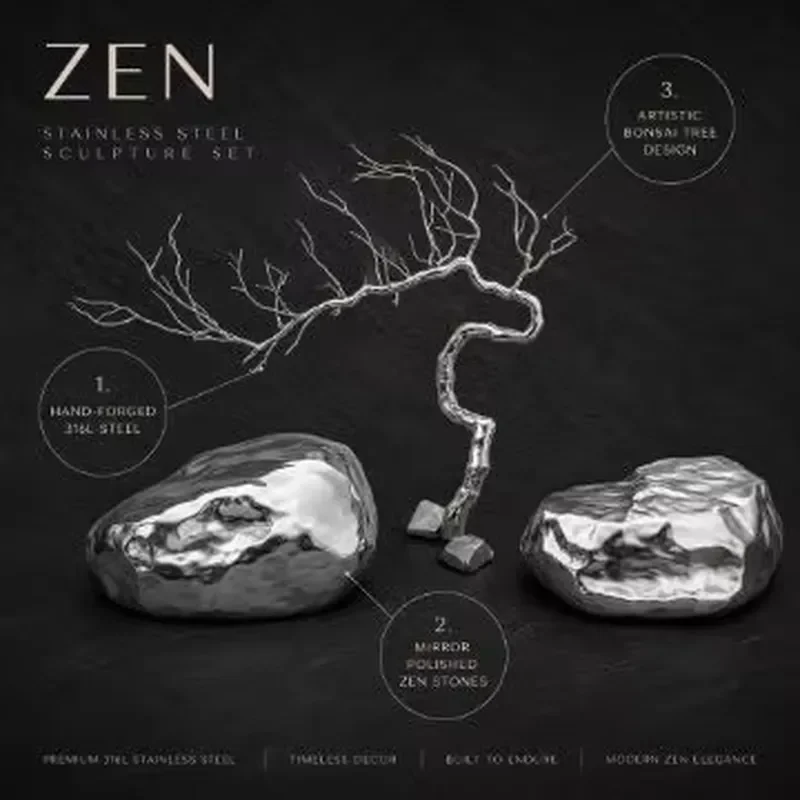 Modern Abstract Zen Stone Sculpture Polished Stainless Steel Statue with Bonsai Tree Art for Garden Landscape Outdoor