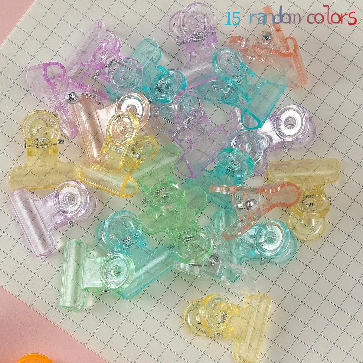 Set of 15 Pastel-Colored Transparent Binder Clips, Vibrant Plastic Bulldog Clips Suitable for Office Use, School Projects