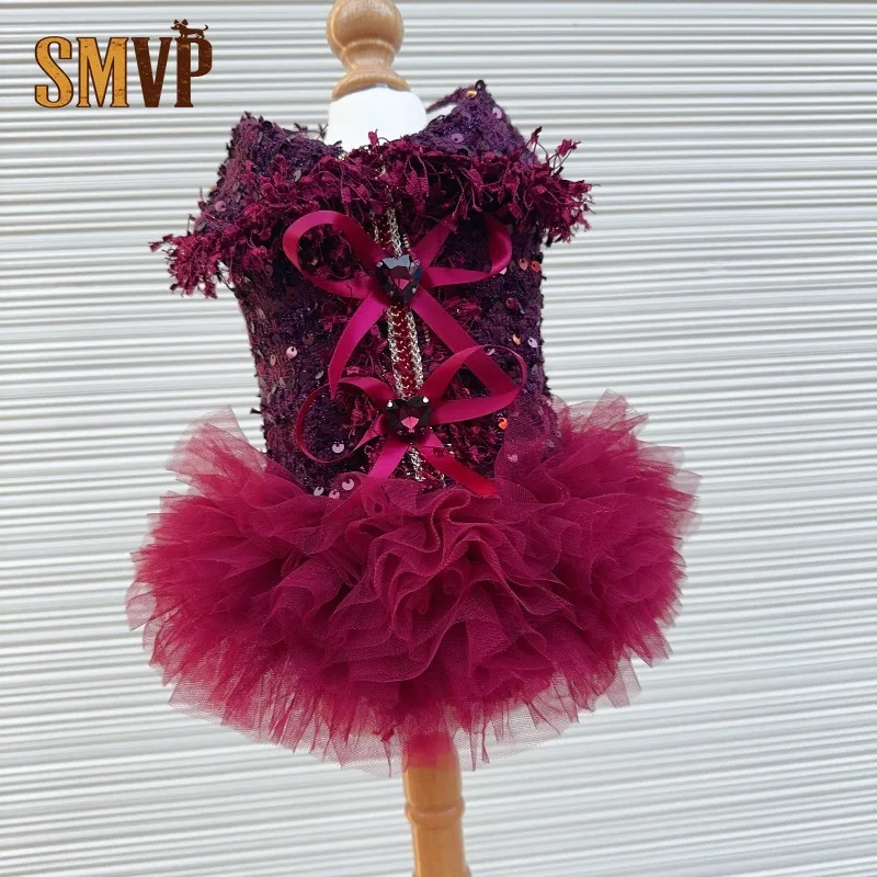 Vintage Burgundy Tweed Pet Formal Gown Sparkling Sequins Gem Decor Bow Warm Lined Voluminous Ruffled Tutu Dress for Party