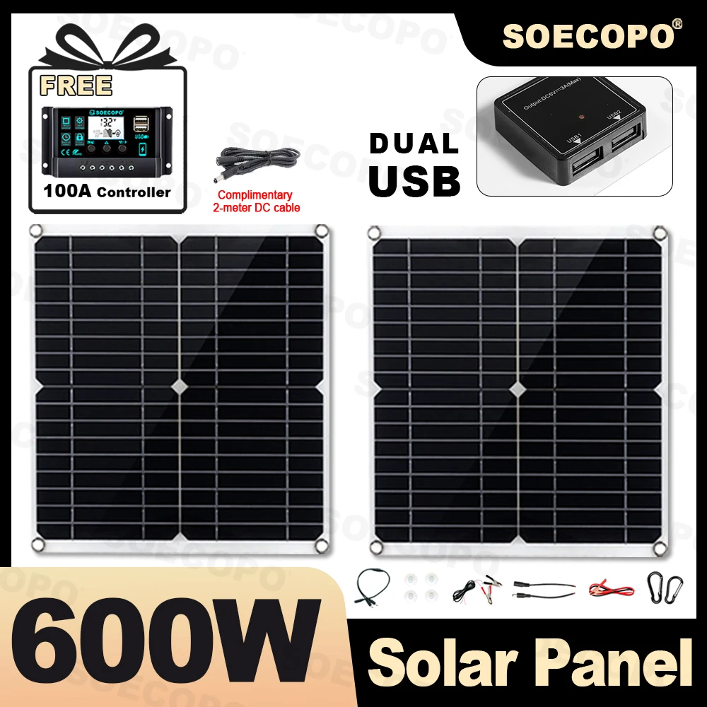 

SOECOPO 600W Camping Portable Solar Panel Kit 2*300W Photovoltaic Panels 12V - 18V Output Comes With A FREE 100A Controller