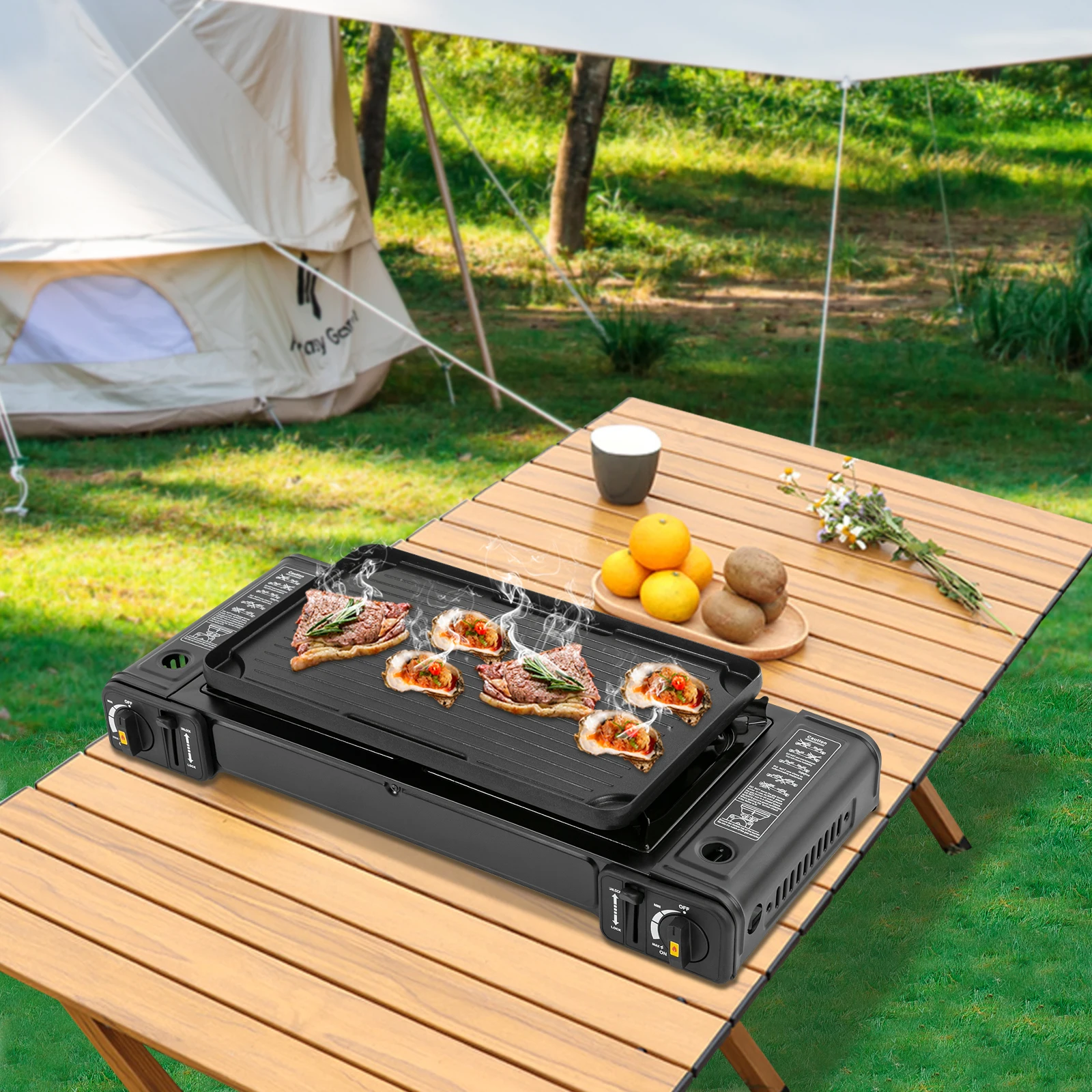 

2-Burner Portable Camping Stove, Butane Camping Stove, Outdoor Travel Camp Stove for Camping, BBQ, Home (with Grill Tray)