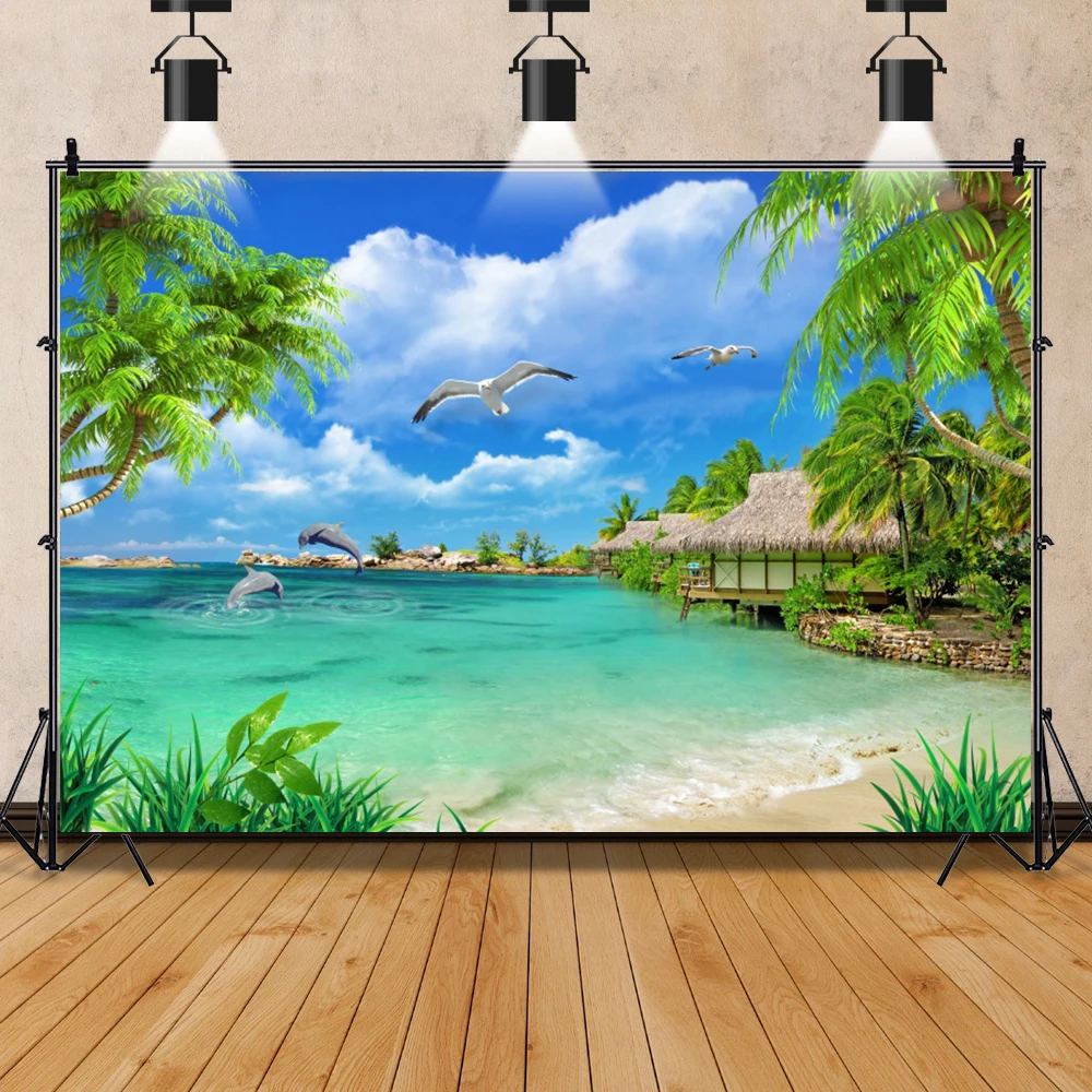 Laeacco Tropical Summer Sea Backgrounds Beach Sand Blue Sky Cloudy Scenic Photo Background Photography Backdrops Photo Studio