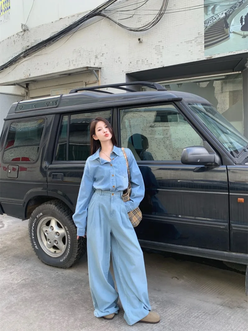 

Korean Fashion Autumn New Women Two Piece Sets Light Blue Denim Long Sleeve Shirt + High Waist Wide Leg Pants Female Outfits
