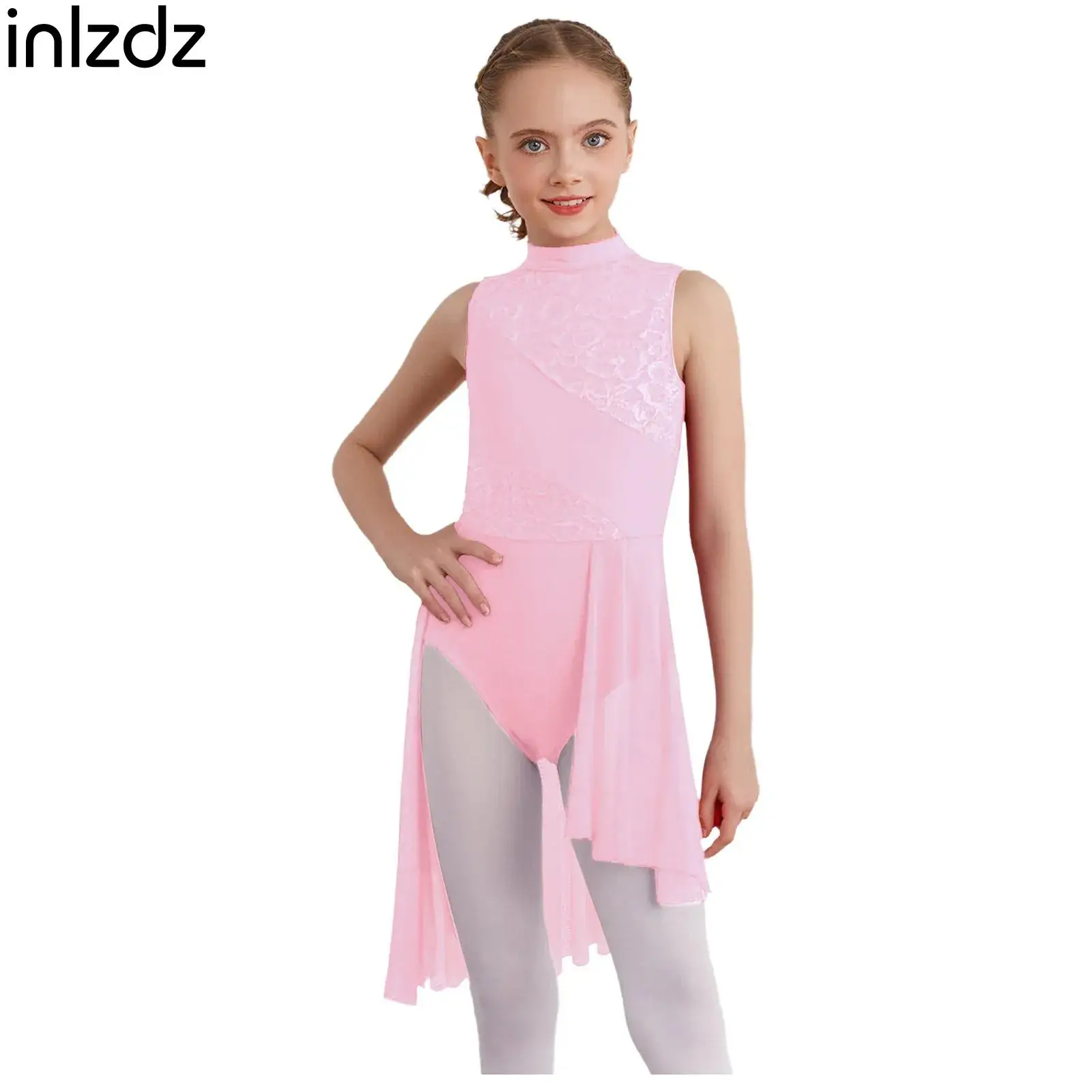 

Kids Modern Lyrical Dance Dress for Girl Sleeveless Floral Lace Asymmetrical Hem Dress for Skating Dance Performance Competition