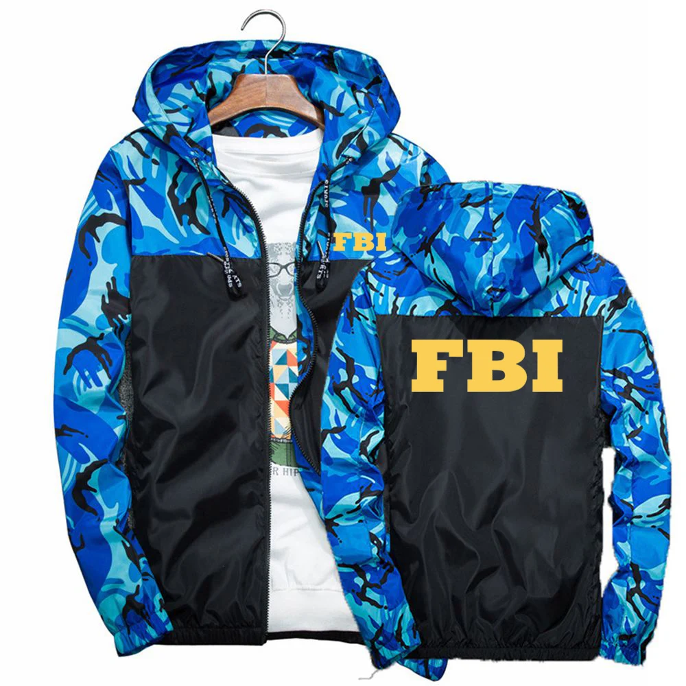

2025 Spring And Autumn Men's FBI Logo Print Windproof Camouflage Jacket Outdoor Sports Coat High Street Fashion Slim Hoodies
