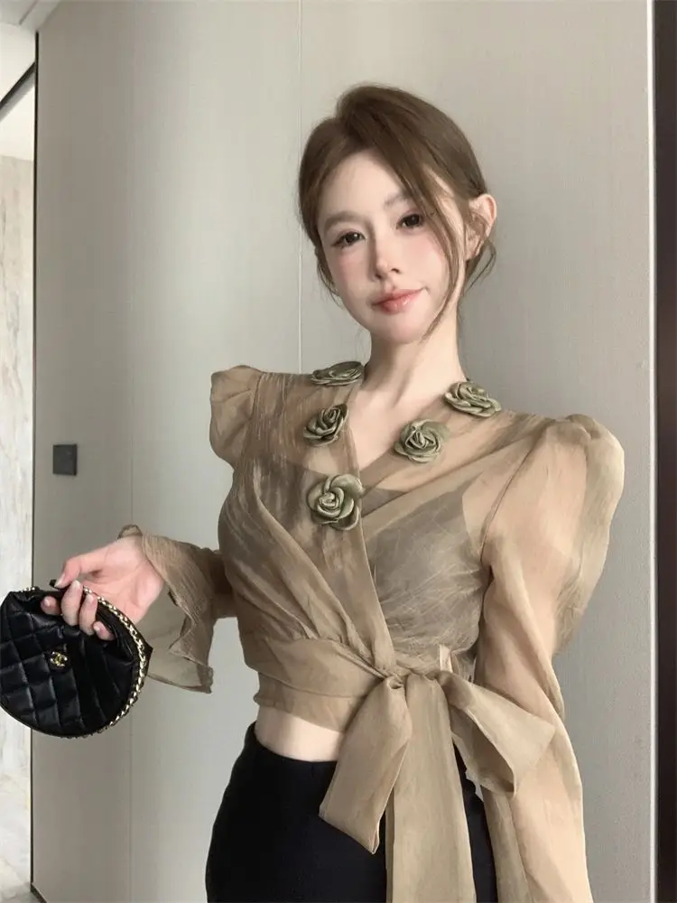 

French Retro Three-dimensional Flower Lace-up Waist Shirt Early Autumn Mesh Versatile Chic Top for Women