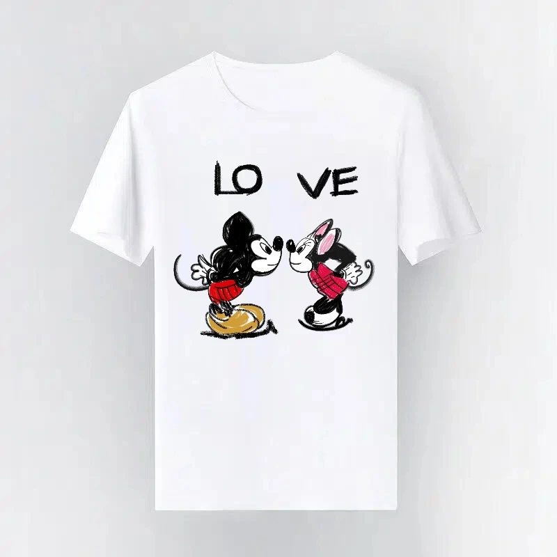 

Забавные топы на тему пары с Микки и Минни Маус в стиле ретро, футболка унисекс, свободная футболка с короткими рукавами Disney, модная повседневная одежда для родителей и детей