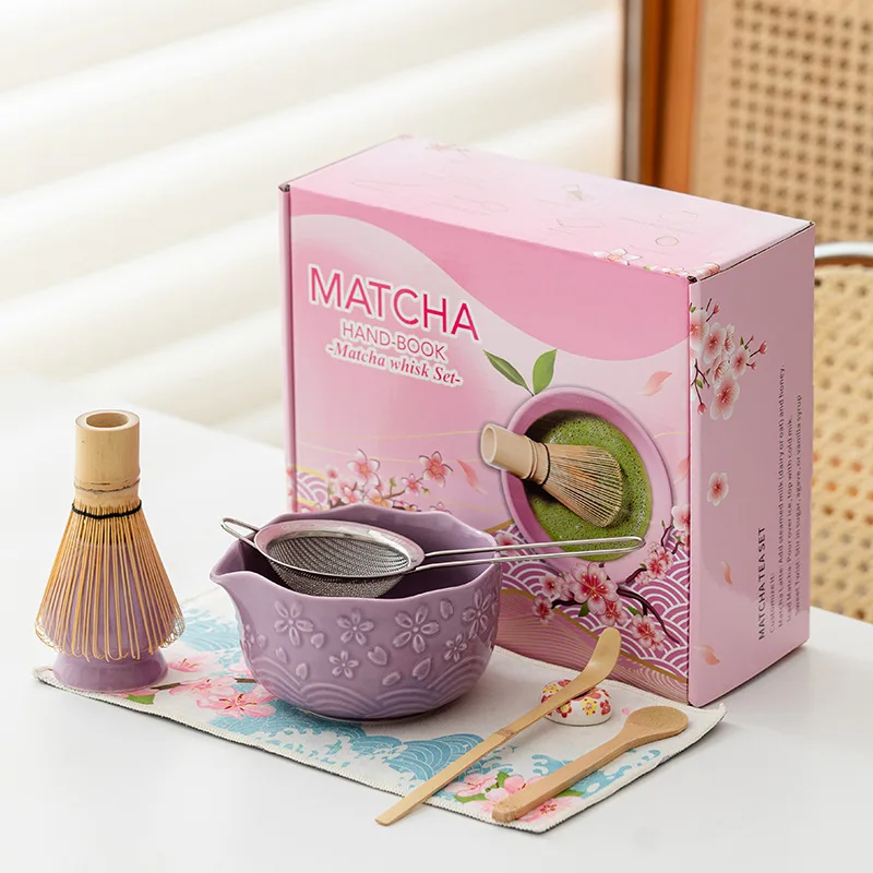 

Light Luxury Matcha Set 8pc Relief Pattern Bowl Spout Whisk Japanese Tea Tools Ceremonial Complete Tea Ceremony Tools Kit