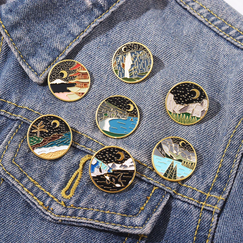 Seri lukisan pemandangan gunung Pin logam campuran aksesori pakaian Pin kelepak antik Van Gogh lukisan minyak seri Retro angin