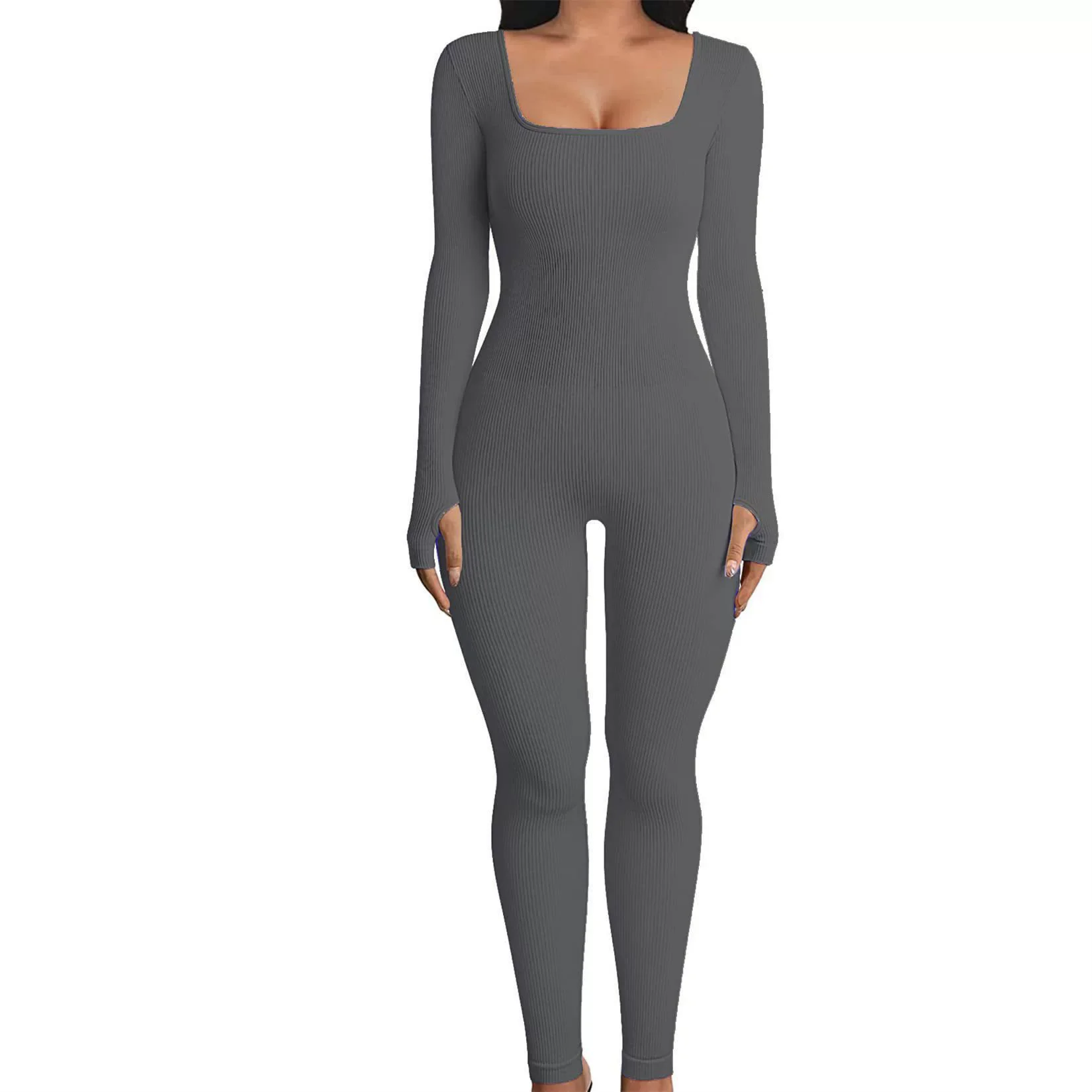 Einfarbiger, gerippter Yoga-Overall, nahtloser, schmal geschnittener, langärmliger Sport-Body, Activewear für Damen – Detail 7