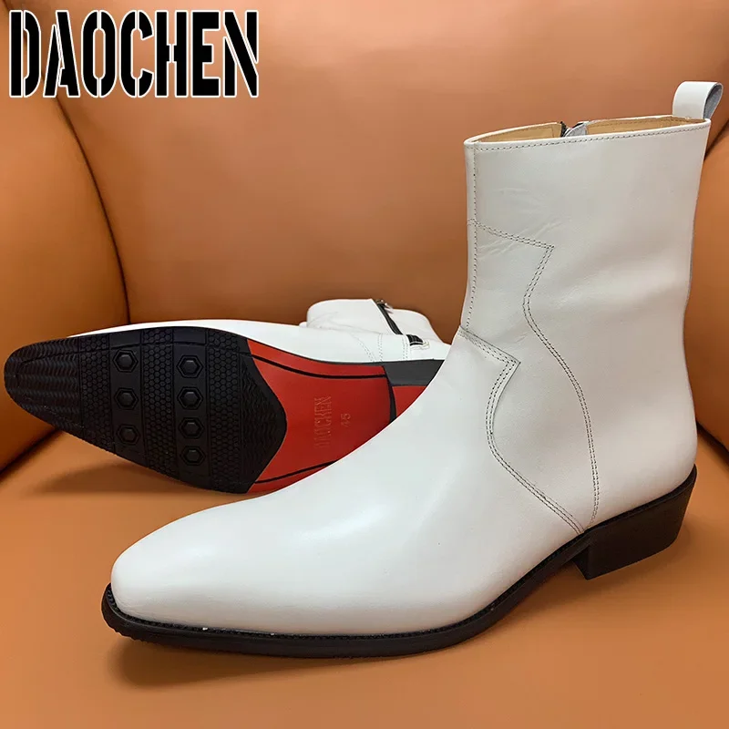 Luxury Brand Chelsea Boots High Grade Men Calf Boots Slip On Zipper Casual Men Dress Shoes White Black Leather Boots Men