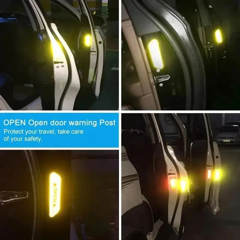 4pcs Car Door Reflective Safety Stickers for Night Visibility. Easy to Apply, Durable Adhesive Warning Labels for Vehicles.