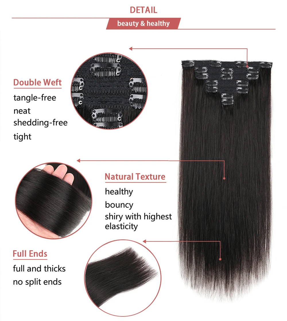 Natuurlijke Zwarte Clip In Hair Extensions Remy Echt Haar Steil Dubbele Inslag Clip-On Haarstukje Clip In Menselijk Haar voor Vrouwen 7 STKS