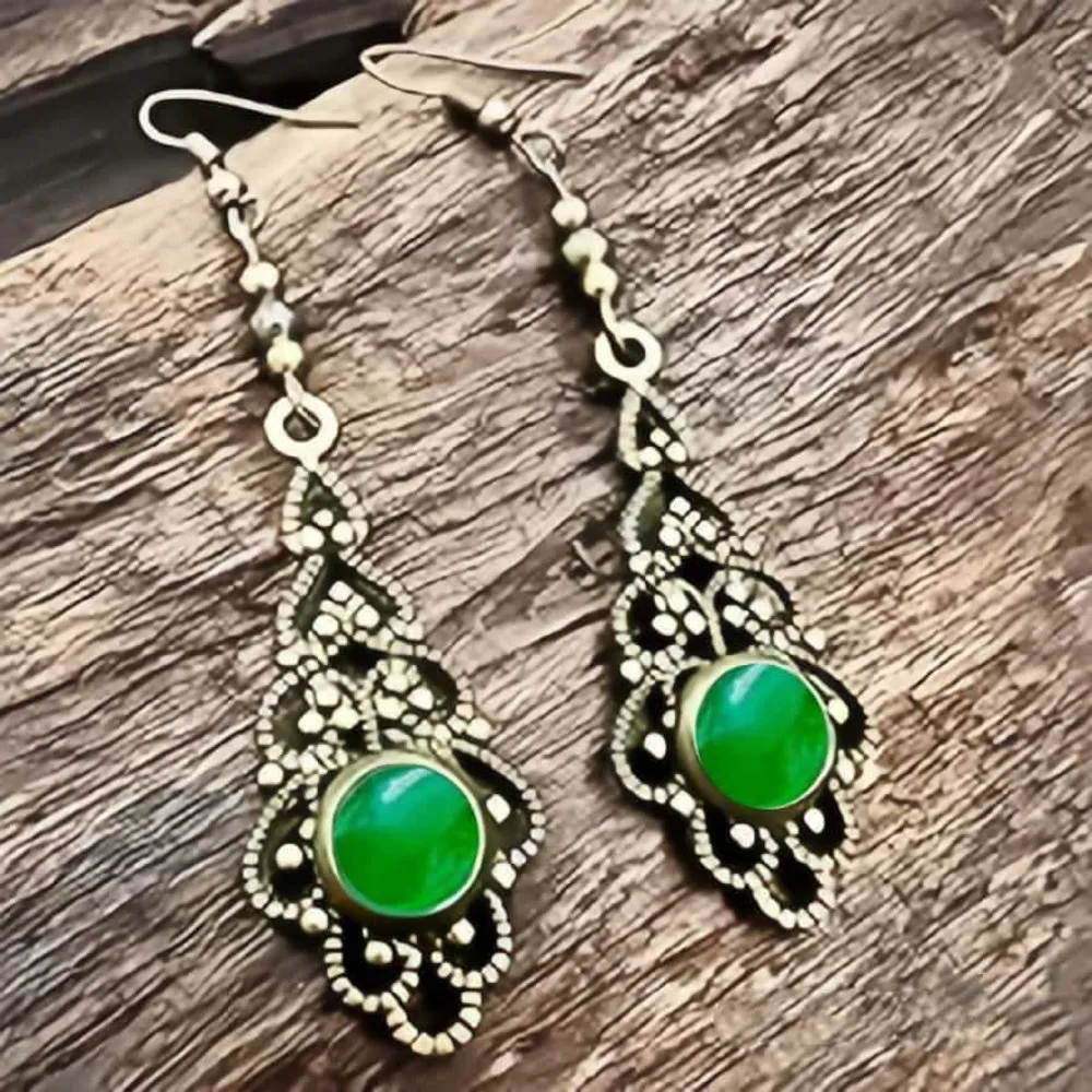 Medieval Victorian Ancient Bronze Color Filigree Green Imitation Gemstone Dangle Earrings for Women Boho Royal Retro Jewelry
