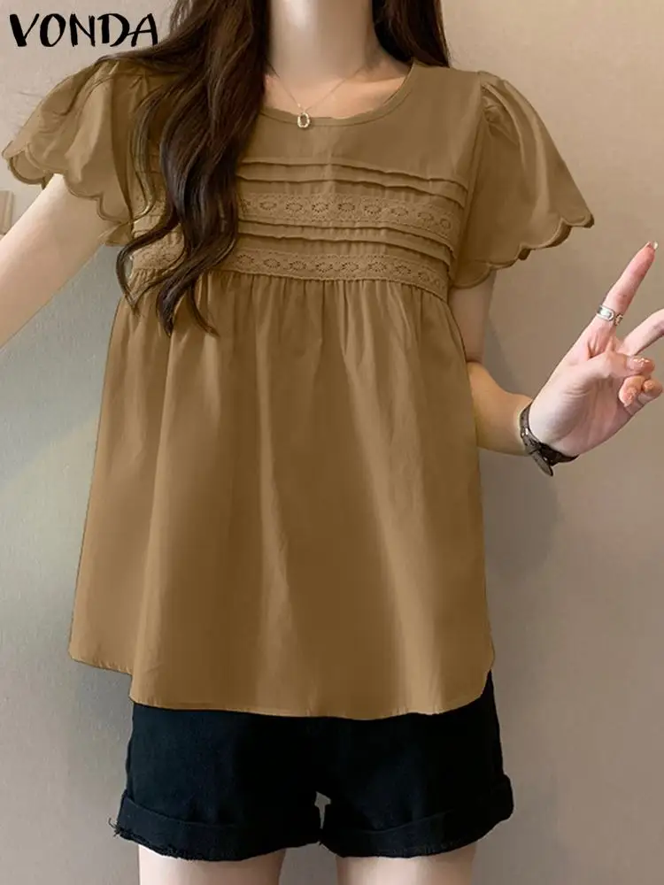 Elegant Women Summer Shirts 2024 Fashion Loose Blouse VONDA Lace Solid Color Short Sleeve Tunic Tops Oversized Blusas Femininas