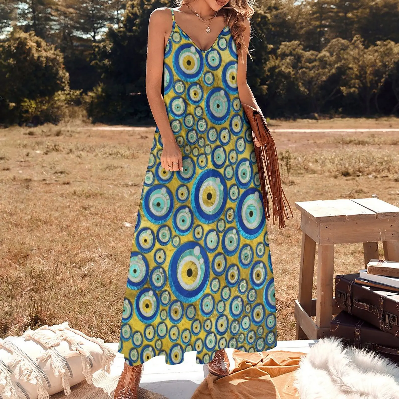 Greek Blue Glass Evil Eye Amulet Pattern Sleeveless Dress Woman fashion elegant and pretty women's dresses