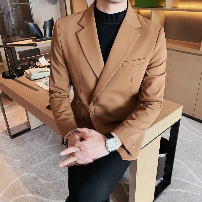 Men Dress Autumn Blazers Cotton Linen Oblique Buckle Tuxedo Man Jacket One Button Pockets Blazer Coat Homens Suit Male Clothing