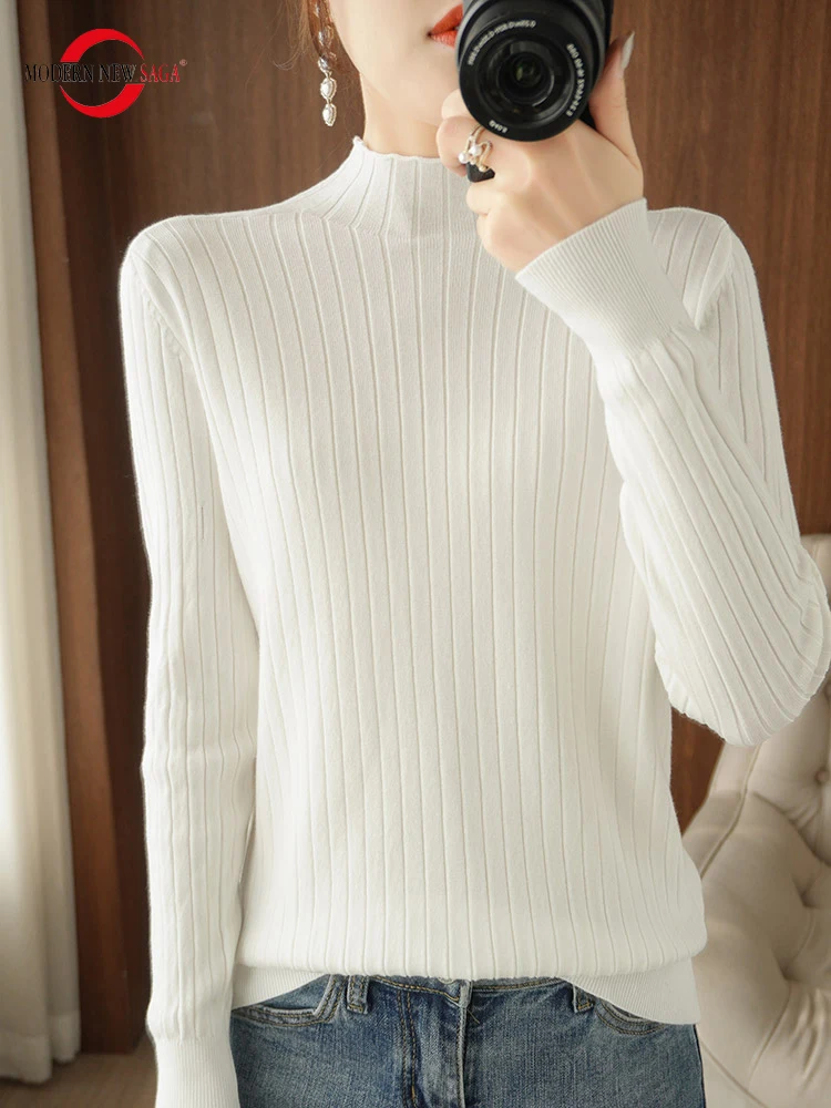 

MODERN NEW SAGA Women Sweater Turtleneck Knitted Wool Sweaters Long Sleeve Top Autumn Winter Soft Sweater Pullover Jumper Female