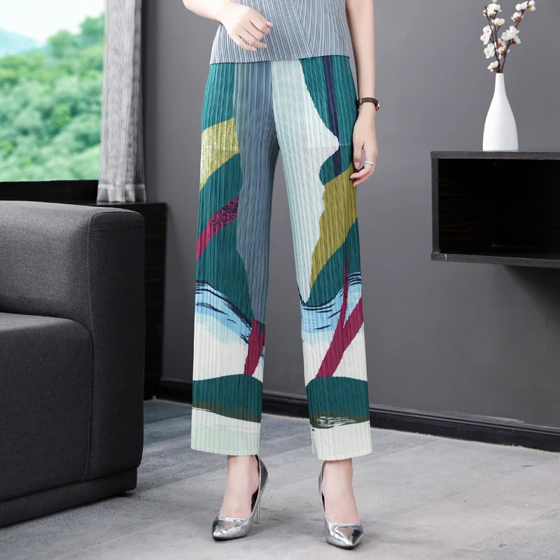 Pantalon plissé haut de gamme pour femmes, amincissant, ample, imprimé Floral, jambe droite, décontracté, coréen, été, 2023