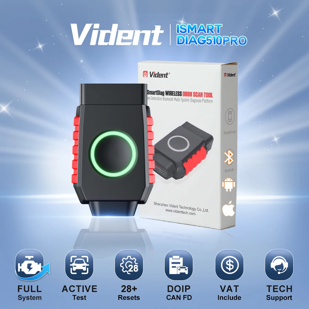 VIDENT iSmartDiag510Pro Kabelloser BT OBD2 Scanner Alle-System-Diagnosegerät Aktiver Test OBD Bidirektionale Steuerung Scanner 28+ Resets 510 510Pro für Android / IOS APP Code-Lesegerät Eingebautes