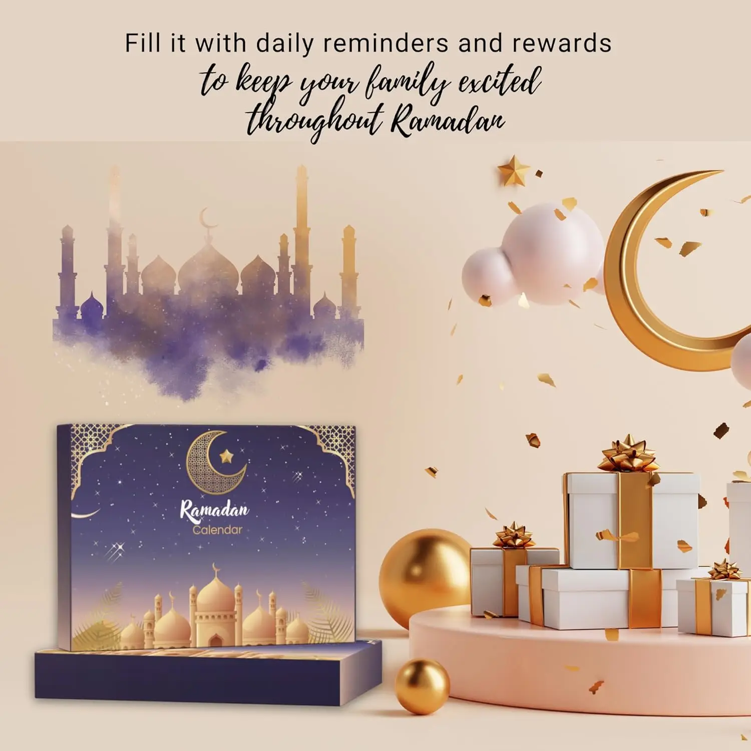 ที่กําหนดเองสอบถามหรูหราที่ว่างเปล่า Mubarak ขนาดเล็ก Eid วันที่รอมฎอนนับถอยหลัง Advent กล่องของขวัญสําหรับเด็กปฏิทิน