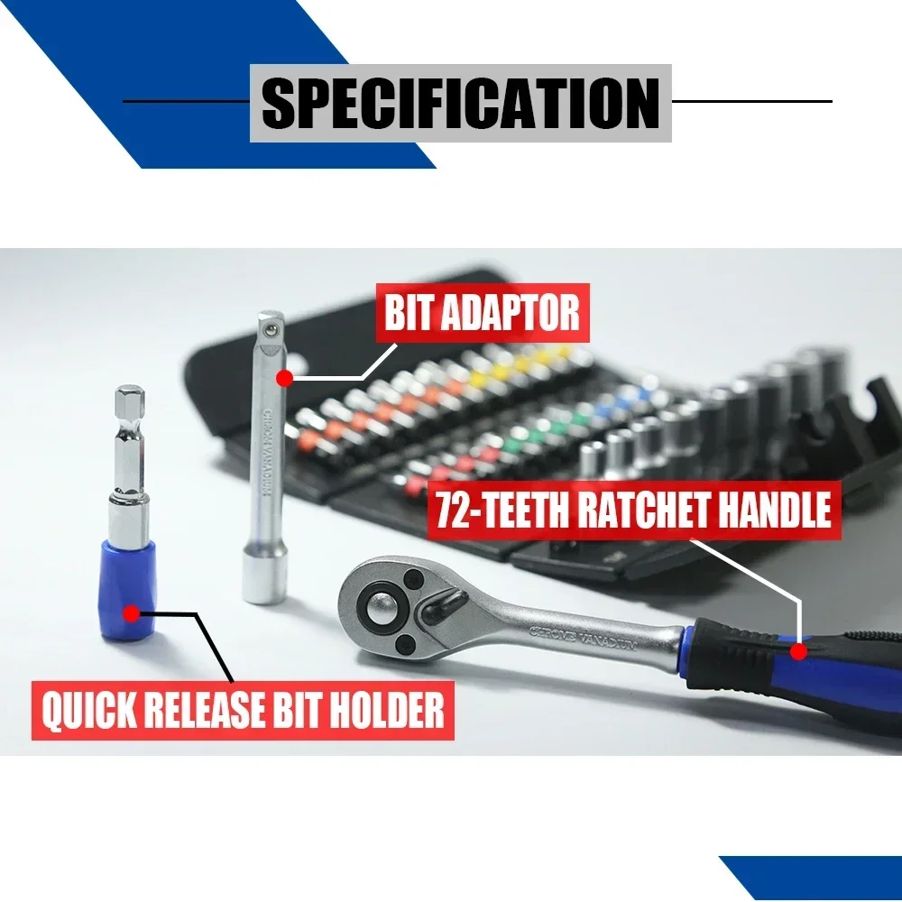 37-teiliges Handwerkzeug-Set für Auto, Auto, Reparatur mit Steckdosen, Bit-Handratschenschlüssel