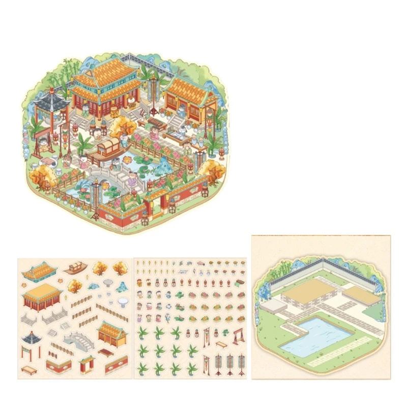 W89C Scene Sticker Chinese Landscape Sticker for Journal Decoration