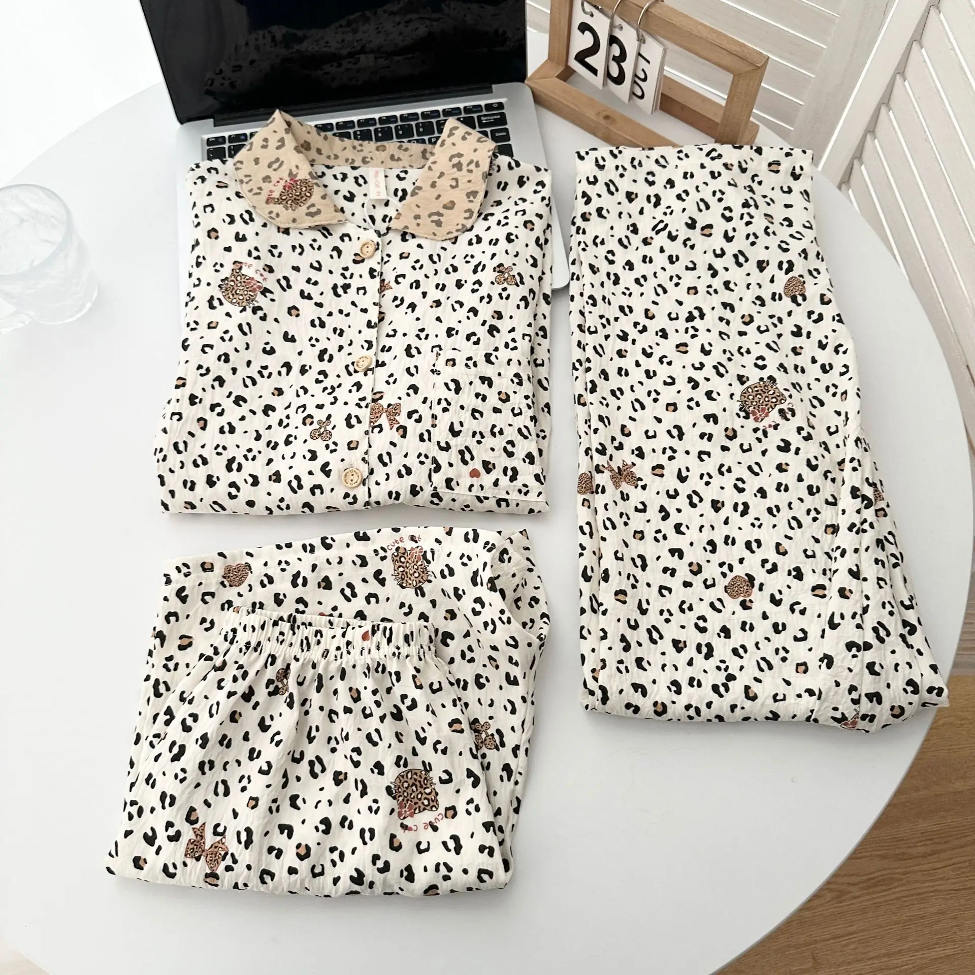 2026 New Women Sweet Floral Cloud Cotton Sleepwear Three Pieces Pajamas Set Summer Cardigan Short Sleeved Loungewear Homewear