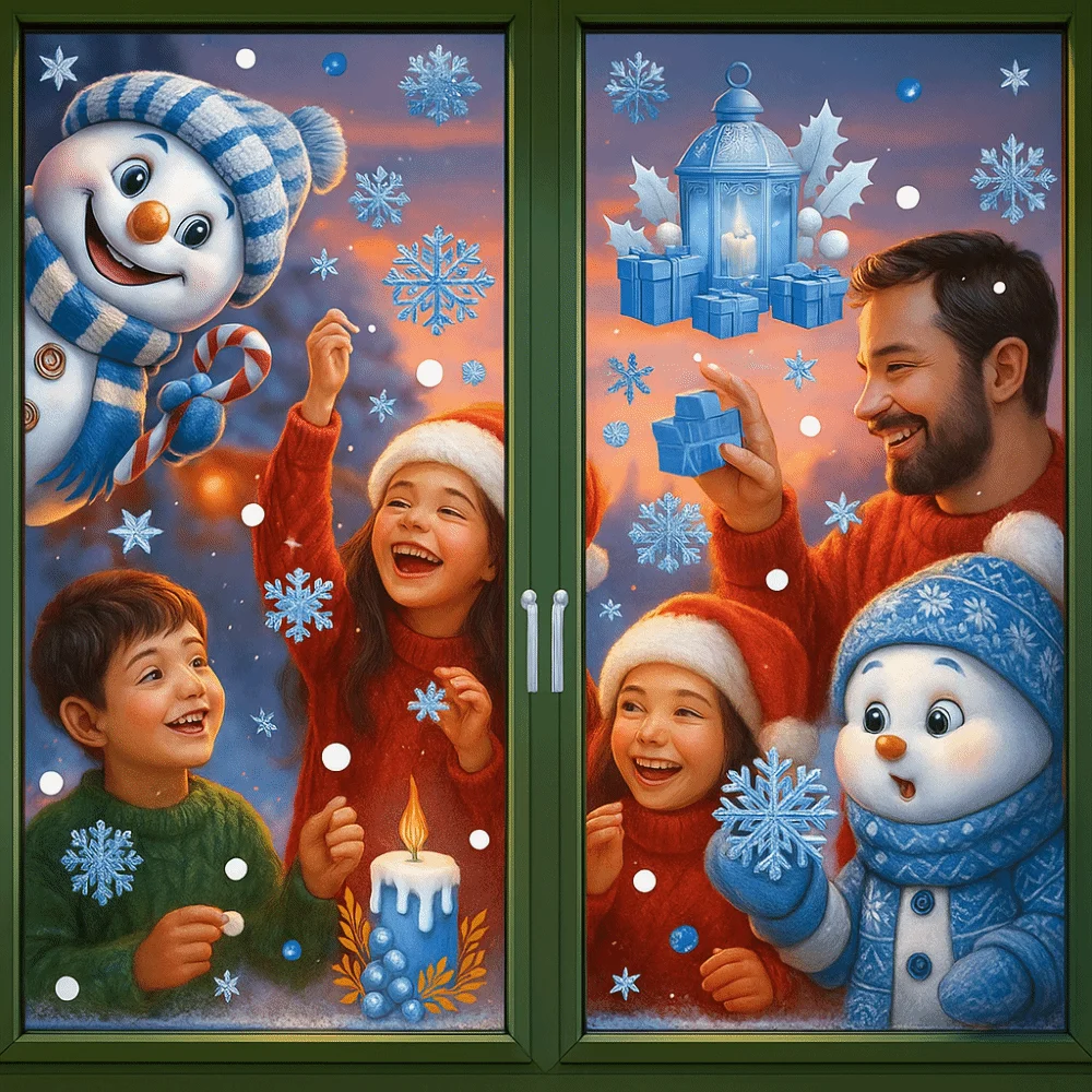 A Set PVC Christmas Window Stickers Santa Claus Winter Snowman Xmas Home Decor Creative Snowflake Static Electricity Stickers