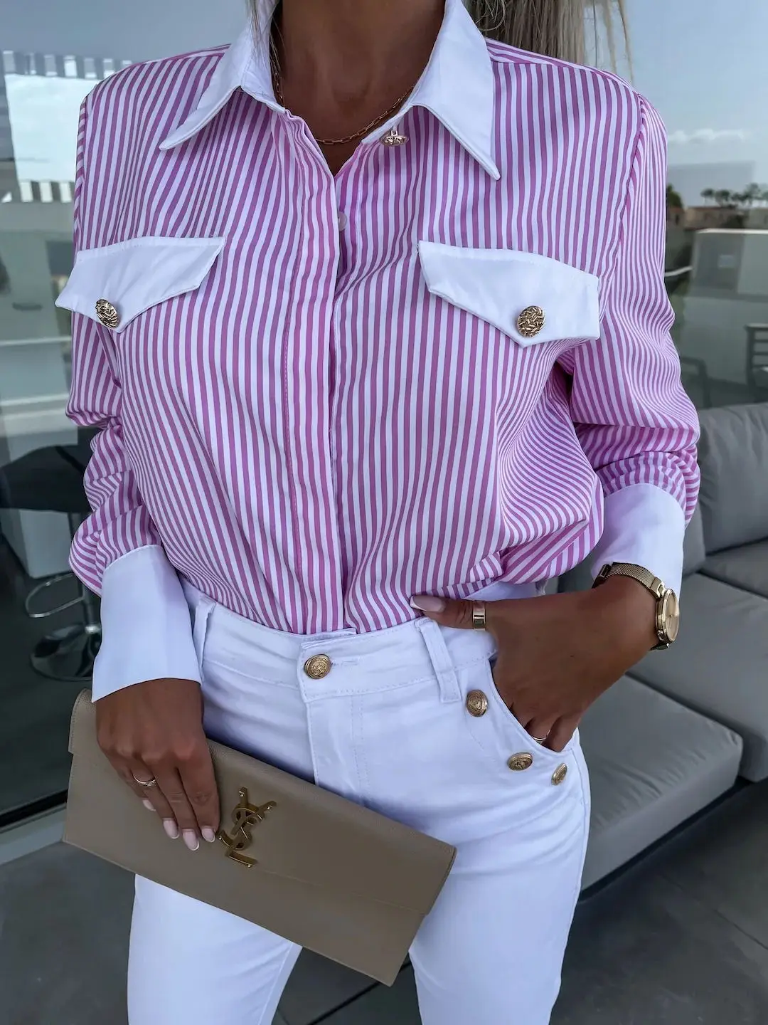 

Women's Stripe Print Button Shirt, Fake Pockets Blouses, Elegant Tops, Office Lady Clothing, Spring Fashion, New, 2023