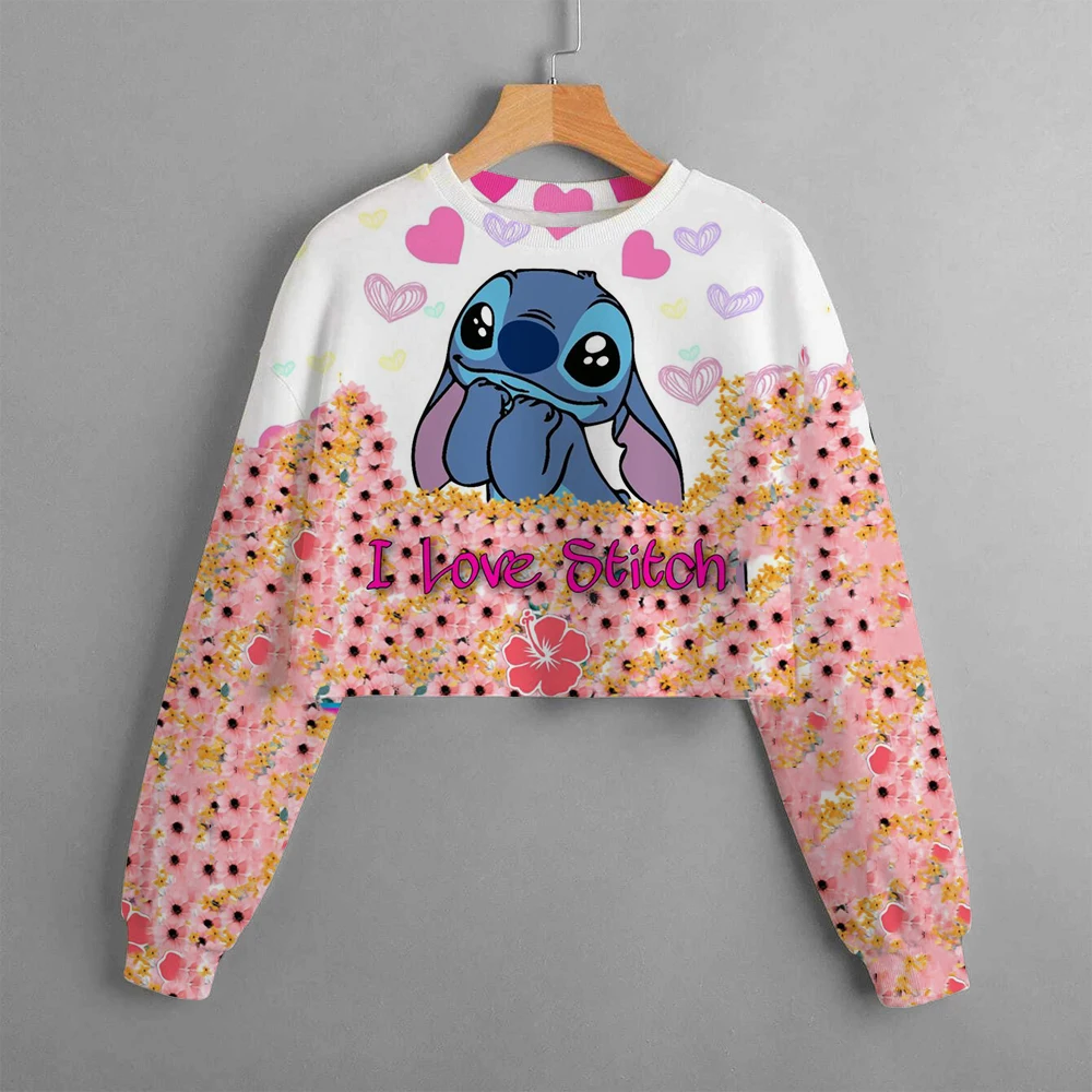 

Girls Hoodie Casual Cartoon Anime Fun Print Children's Top Spring and Autumn Disney Lilo&Stitch Girls' Short Round Neck Sweater