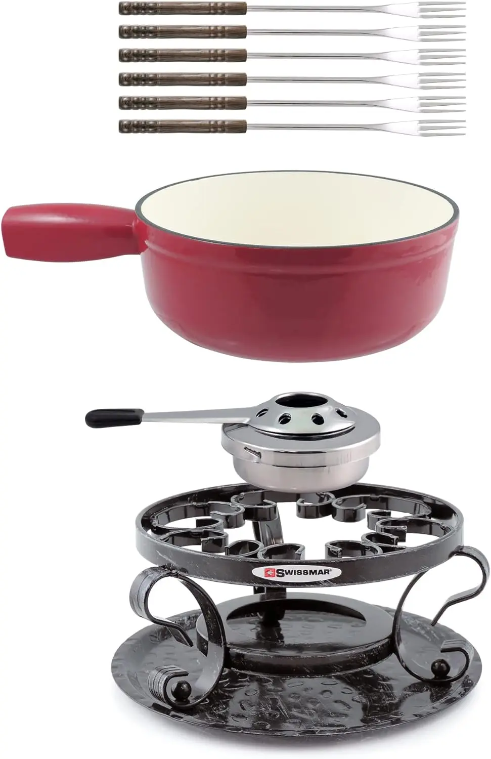 KF-66517 2-Quart Cast Iron Cheese Fondue Set, 9-Piece, Cherry Red