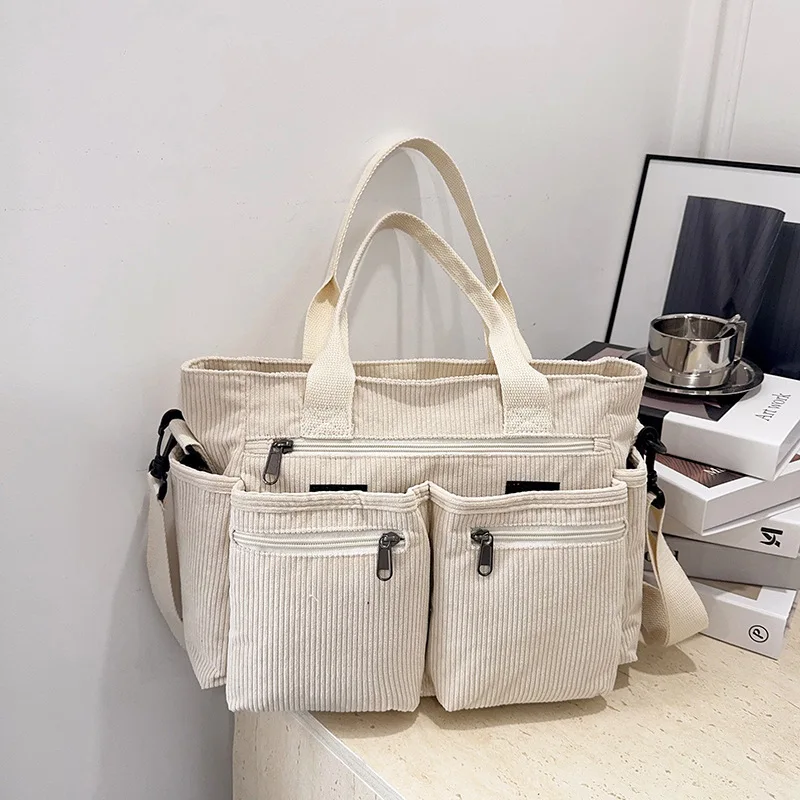 

Вельветовые женские сумки на плечо с несколькими карманами, осенние простые однотонные женские сумки через плечо, большие вместительные студенческие сумки-тоут