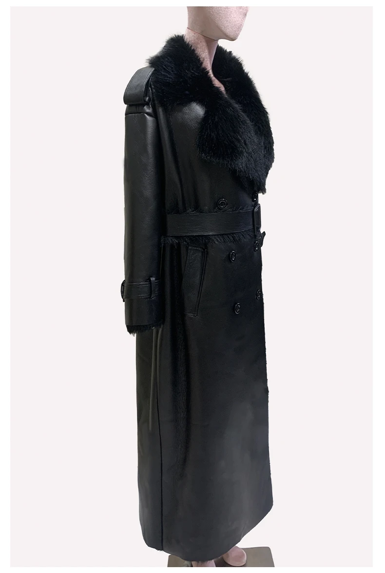 Nerazzurri Winter Long Oversized Thickened Warm Black Fluffy Faux Sheepskin Coat Women Double Breasted Loose Furry Overcoat 2024
